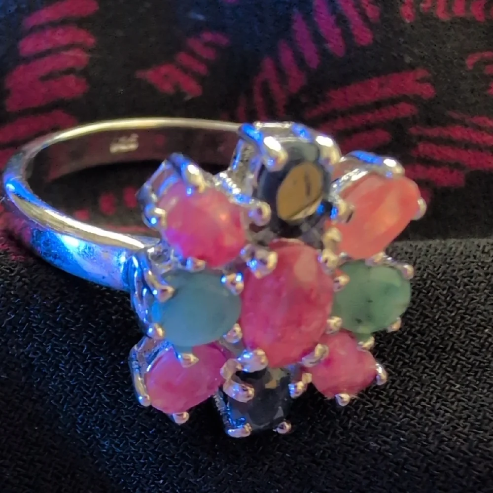 Sterling Silver Multi-Stone Flower Ring - Picture 1 of 3